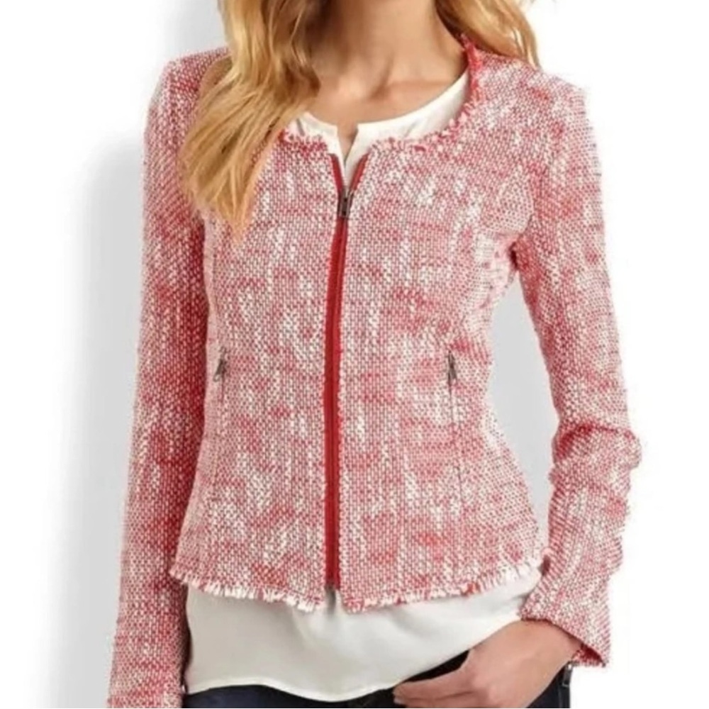JOIE NWT Collis Tweed Fitted Zippered Blazer Jacket, Red / White - Size L